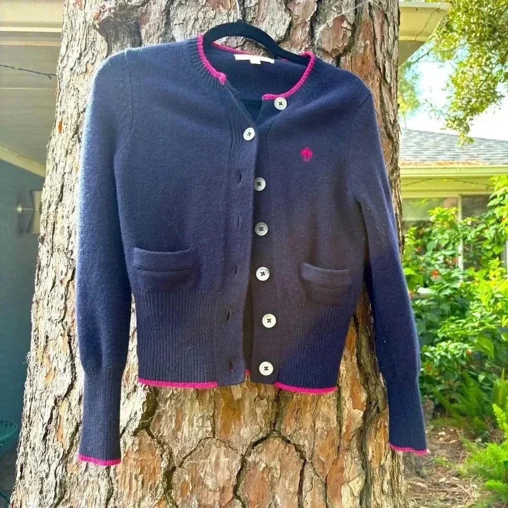 Brooks Brothers navy and pink accented wool cardigan.